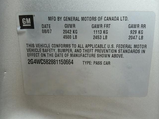 2G4WC582881150664 - 2008 BUICK LACROSSE C SILVER photo 10