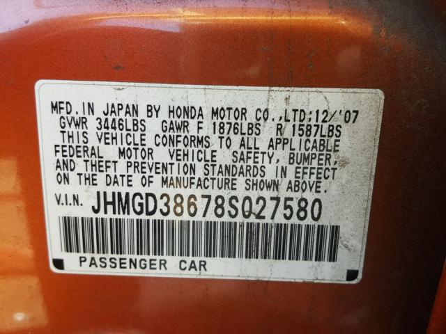 JHMGD38678S027580 - 2008 HONDA FIT SPORT ORANGE photo 10