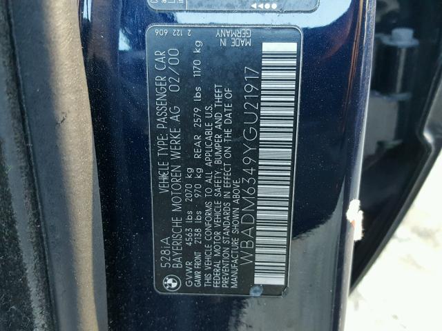 WBADM6349YGU21917 - 2000 BMW 528 I AUTO BLUE photo 10