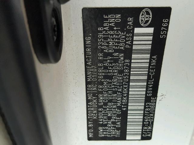 4T1BK46KX7U538738 - 2007 TOYOTA CAMRY NEW WHITE photo 10