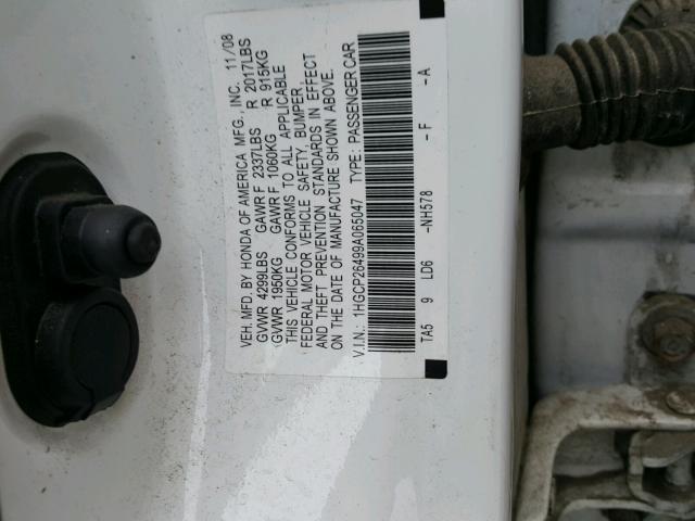 1HGCP26499A065047 - 2009 HONDA ACCORD LXP WHITE photo 10