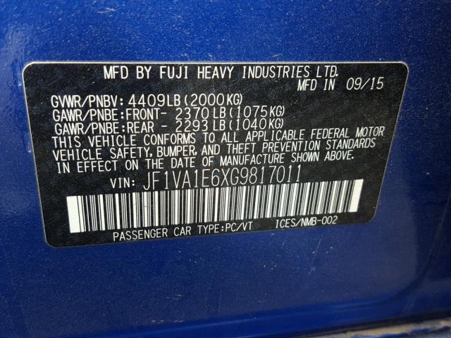 JF1VA1E6XG9817011 - 2016 SUBARU WRX PREMIU BLUE photo 10