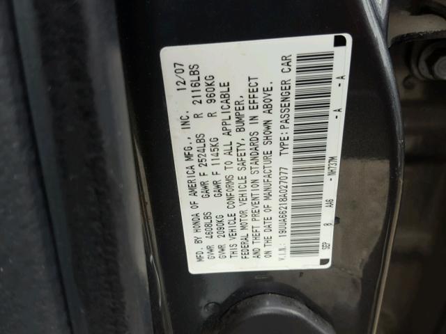 19UUA66218A027077 - 2008 ACURA TL GRAY photo 10