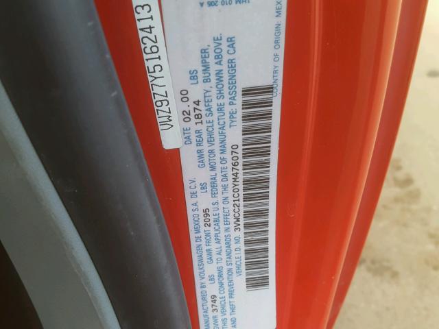 3VWCC21C0YM476070 - 2000 VOLKSWAGEN NEW BEETLE 红色 照片 10