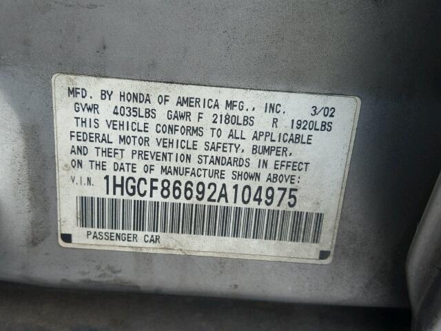 1HGCF86692A104975 - 2002 HONDA ACCORD VAL SILVER photo 10