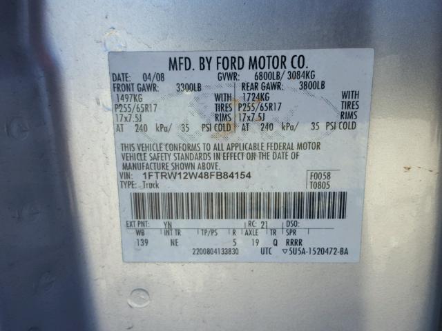 1FTRW12W48FB84154 - 2008 FORD F150 SUPER SILVER photo 10