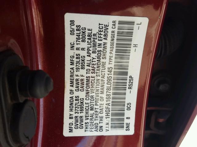 1HGFA16878L095145 - 2008 HONDA CIVIC EX ბურგუნდია ფოტო 10