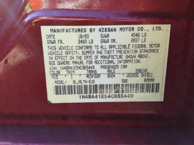 1N4BA41E54C865449 - 2004 NISSAN MAXIMA SE RED photo 10