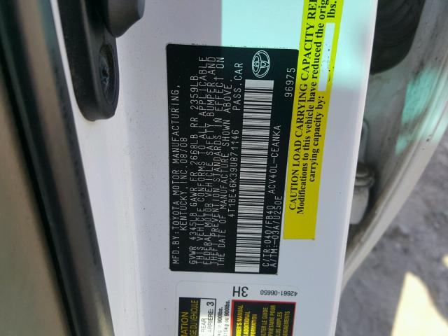 4T1BE46K39U871146 - 2009 TOYOTA CAMRY BASE WHITE photo 10