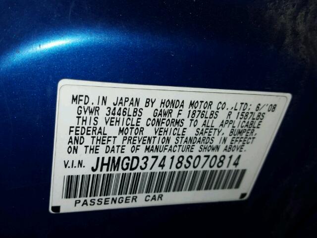 JHMGD37418S070814 - 2008 HONDA FIT BLUE photo 10