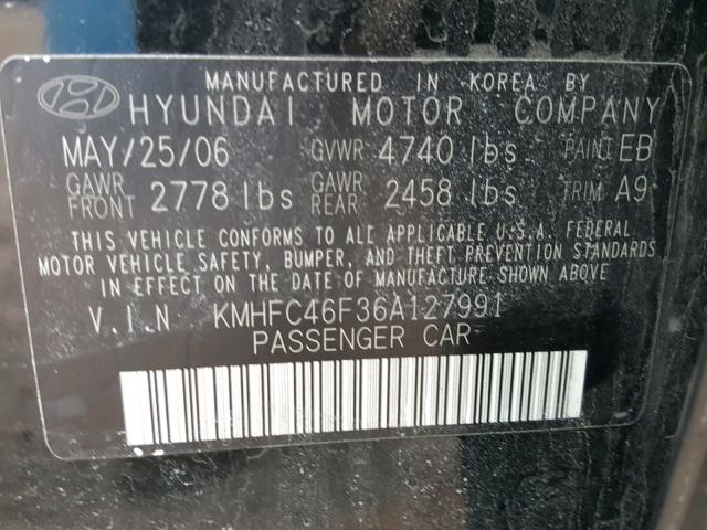 KMHFC46F36A127991 - 2006 HYUNDAI AZERA SE BLACK photo 10