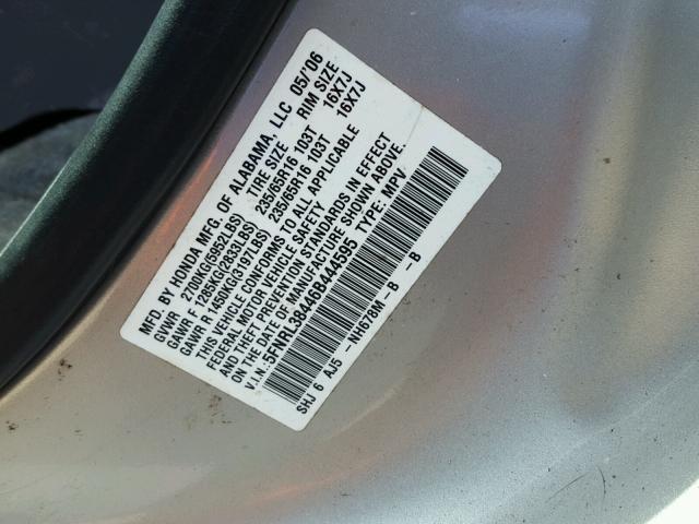 5FNRL38446B444595 - 2006 HONDA ODYSSEY EX GRAY photo 10