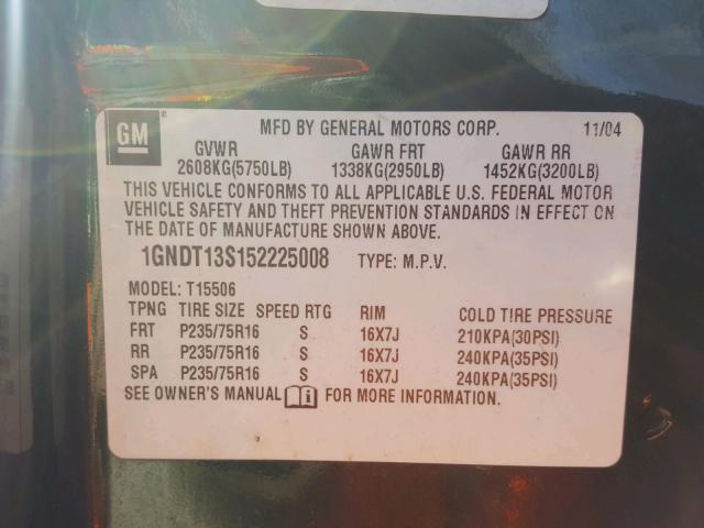 1GNDT13S152225008 - 2005 CHEVROLET TRAILBLAZE GREEN photo 10