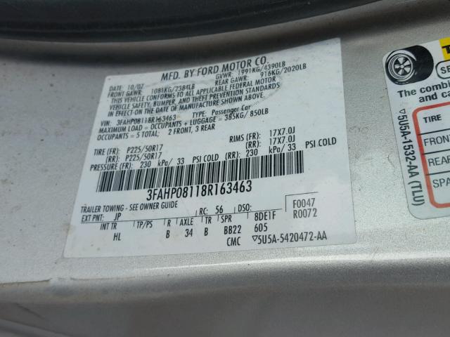 3FAHP08118R163463 - 2008 FORD FUSION SEL SILVER photo 10