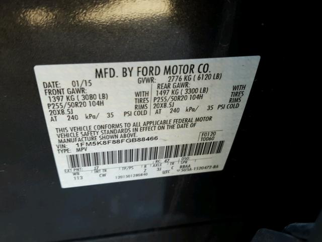 1FM5K8F88FGB88466 - 2015 FORD EXPLORER L CHARCOAL photo 10