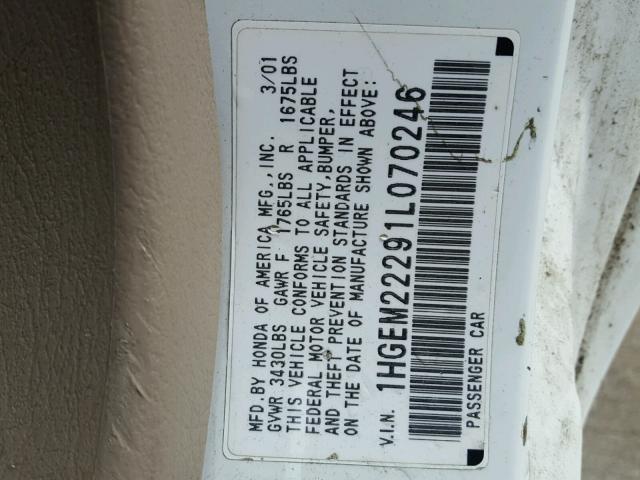 1HGEM22291L070246 - 2001 HONDA CIVIC DX WHITE photo 10