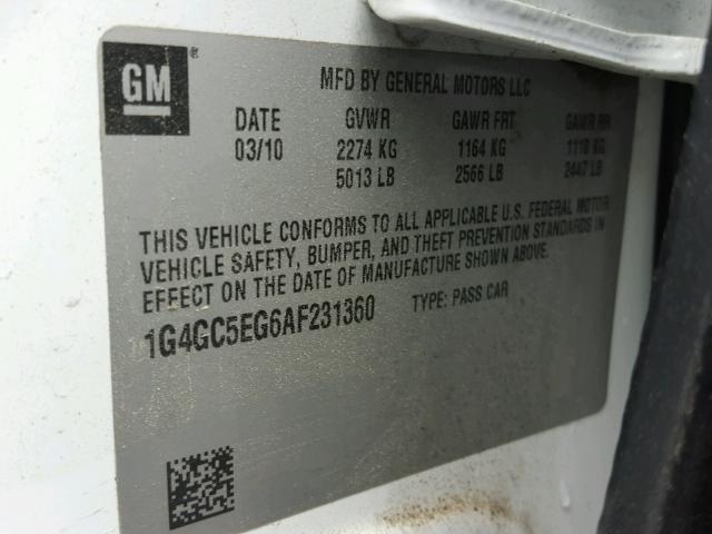 1G4GC5EG6AF231360 - 2010 BUICK LACROSSE C WHITE photo 10