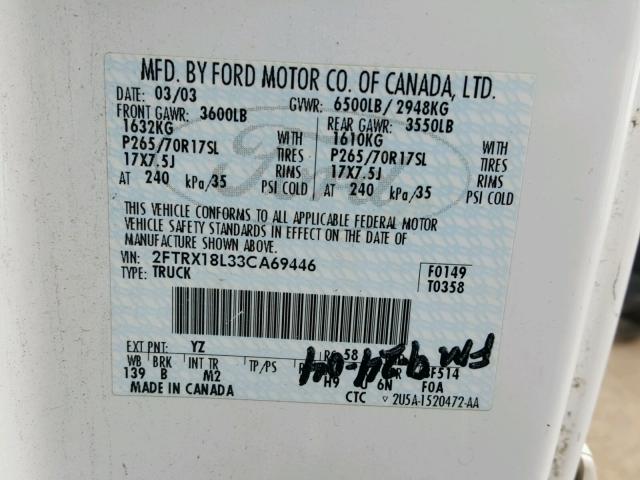 2FTRX18L33CA69446 - 2003 FORD F150 WHITE photo 10