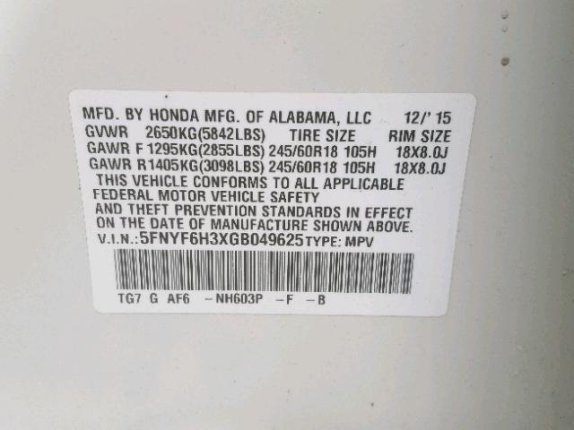 5FNYF6H3XGB049625 - 2016 HONDA PILOT EX WHITE photo 10