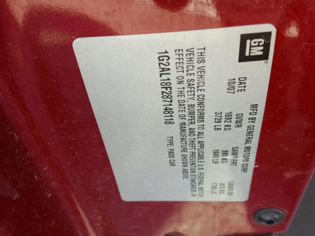 1G2AL18F287148118 - 2008 PONTIAC G5 RED photo 10