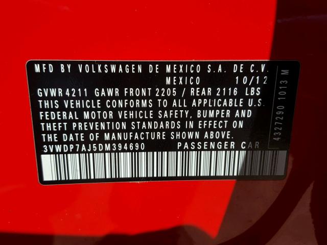 3VWDP7AJ5DM394690 - 2013 VOLKSWAGEN JETTA SE RED photo 10