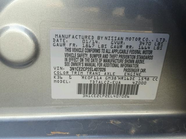 3N1CE2CP2EL407026 - 2014 NISSAN VERSA NOTE GRAY photo 10