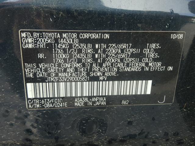 JTMZF33V29D005821 - 2009 TOYOTA RAV4 BLACK photo 10