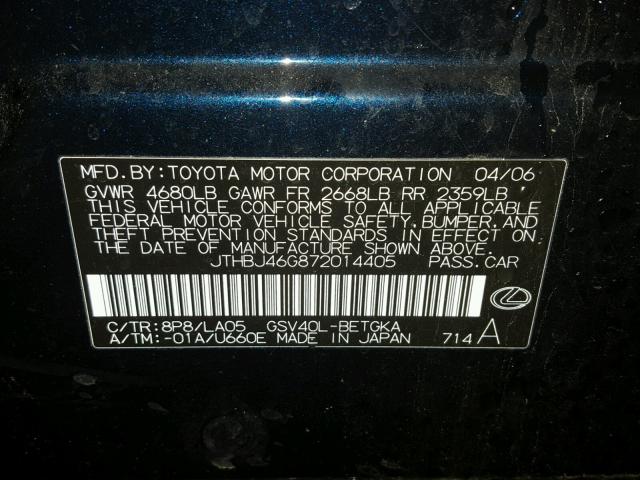 JTHBJ46G872014405 - 2007 LEXUS ES 350 BLUE photo 10