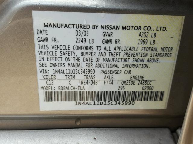 1N4AL11D15C345990 - 2005 NISSAN ALTIMA S GOLD photo 10