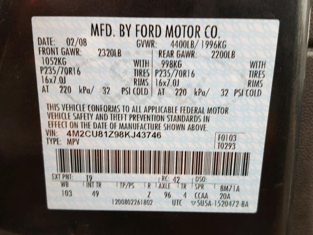 4M2CU81Z98KJ43746 - 2008 MERCURY MARINER GRAY photo 10