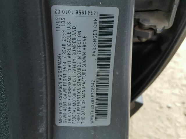 WVWTH63B83P278842 - 2003 VOLKSWAGEN PASSAT GLX 灰色 照片 10