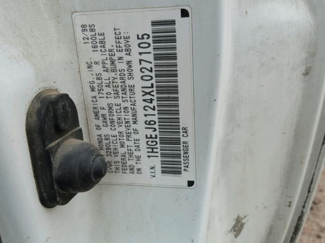 1HGEJ6124XL027105 - 1999 HONDA CIVIC DX WHITE photo 10