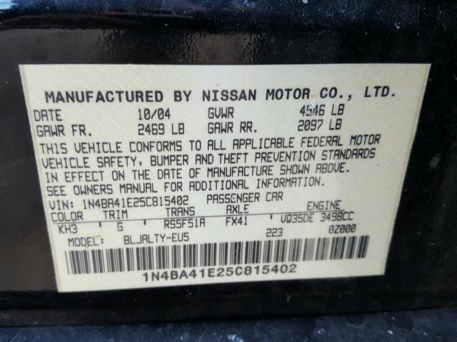 1N4BA41E25C815402 - 2005 NISSAN MAXIMA SE BLACK photo 10