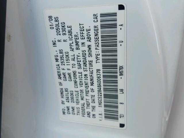 1HGCS22848A006378 - 2008 HONDA ACCORD EXL WHITE photo 10