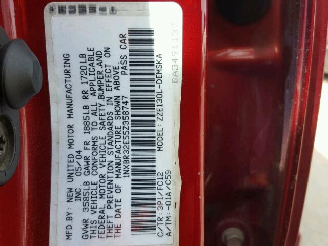 1NXBR32E55Z358747 - 2005 TOYOTA COROLLA CE RED photo 10