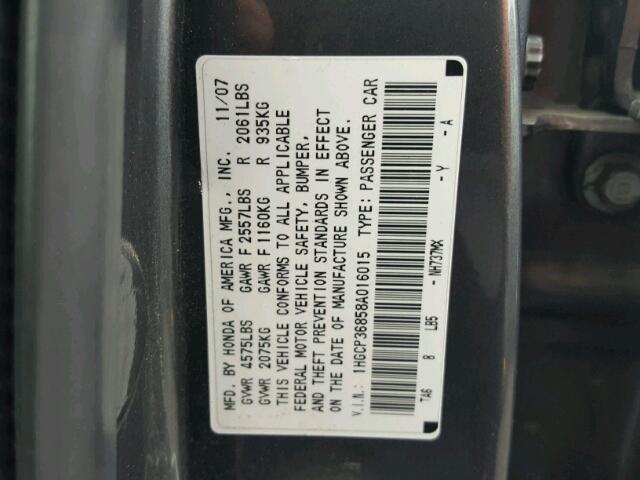 1HGCP36858A016015 - 2008 HONDA ACCORD EXL GRAY photo 10