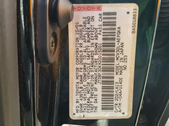 JTDBF30KX20015201 - 2002 TOYOTA CAMRY LE BLACK photo 10