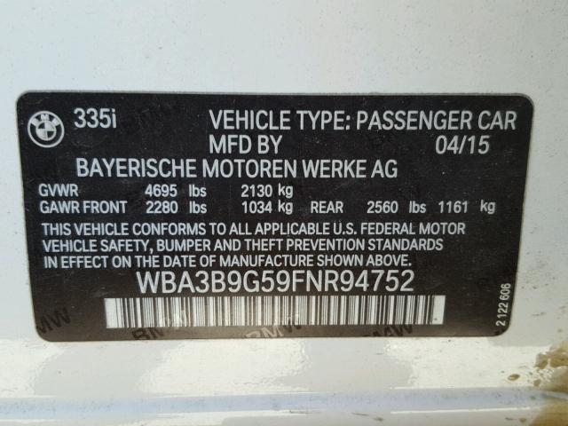 WBA3B9G59FNR94752 - 2015 BMW 335 XI Blanco foto 10