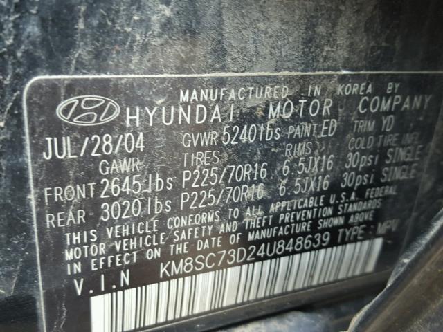 KM8SC73D24U848639 - 2004 HYUNDAI SANTA FE G BLACK photo 10