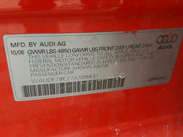 WAUDF78E27A109831 - 2007 AUDI A4 2.0T QU RED photo 10