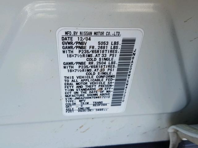 JN8AZ08W75W417210 - 2005 NISSAN MURANO SL WHITE photo 10