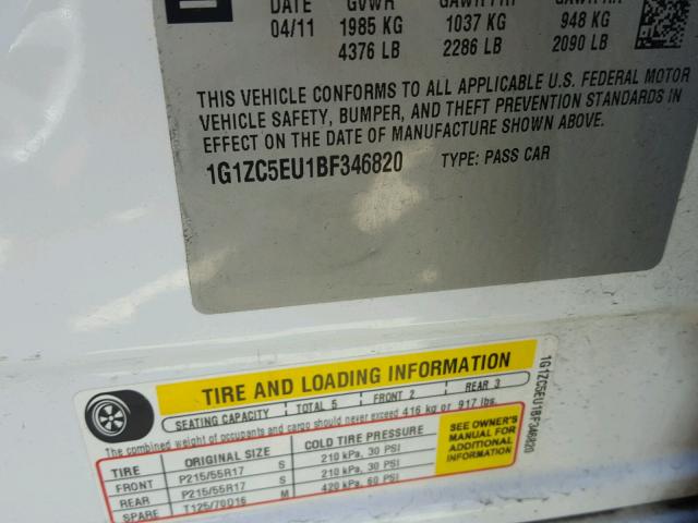 1G1ZC5EU1BF346820 - 2011 CHEVROLET MALIBU 1LT 白色 照片 10