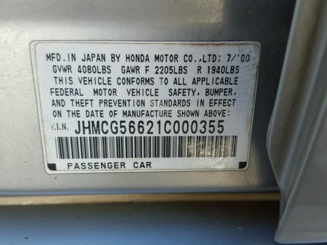 JHMCG56621C000355 - 2001 HONDA ACCORD EX SILVER photo 10