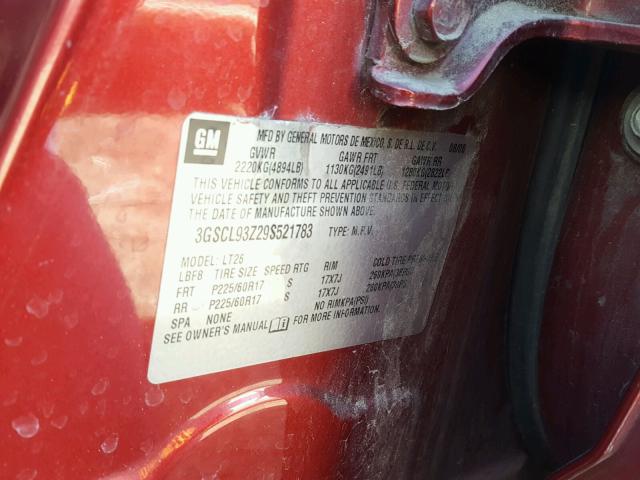 3GSCL93Z29S521783 - 2009 SATURN VUE HYBRID RED photo 10
