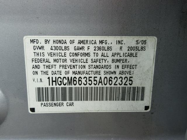 1HGCM66355A062325 - 2005 HONDA ACCORD LX SILVER photo 10