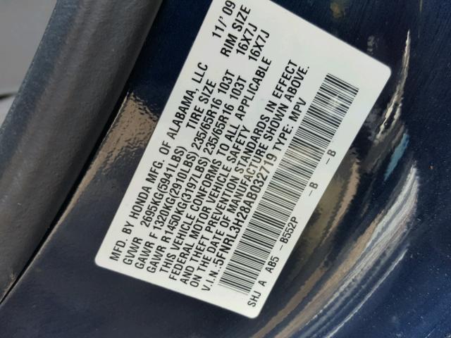 5FNRL3H28AB032719 - 2010 HONDA ODYSSEY LX BLUE photo 10