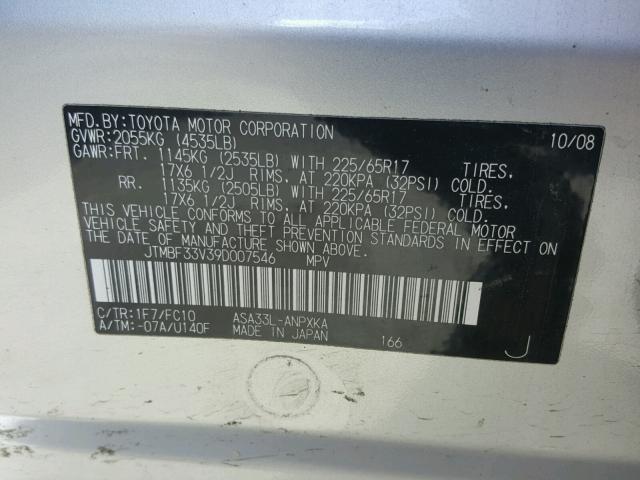 JTMBF33V39D007546 - 2009 TOYOTA RAV4 SILVER photo 10