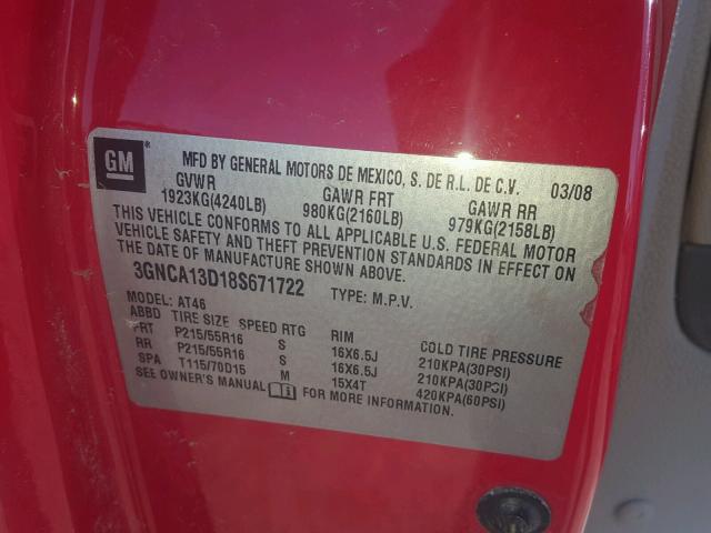 3GNCA13D18S671722 - 2008 CHEVROLET HHR LS წითელი ფოტო 10