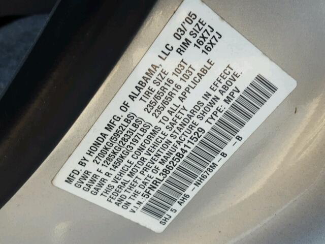 5FNRL38625B411529 - 2005 HONDA ODYSSEY EX SILVER photo 10