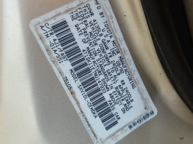 4T1SK11E7NU147933 - 1992 TOYOTA CAMRY DLX 金色 照片 10